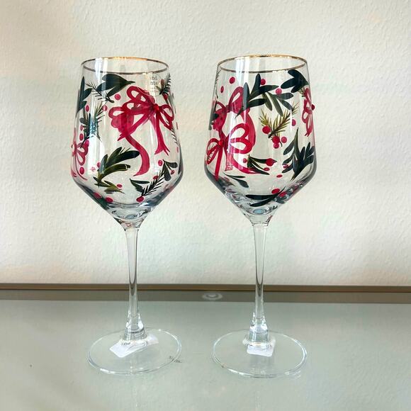 Hand Painted & Jeweled Wine Glass Set of 2  Coquette Christmas Red Bows & Holly - Picture 2 of 10